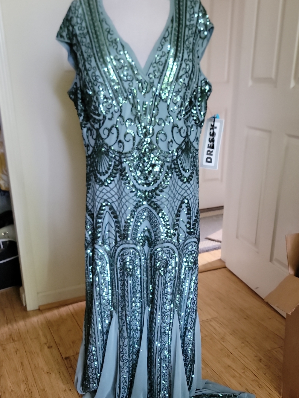 R.M. Richards Sequin Embellished Green V-Neck Evening Dress